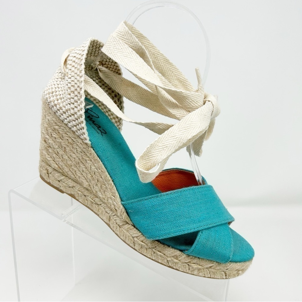 Pinaz Made in Spain Turquoise Blue & White Lace Up Espadrille Wedges Size 38